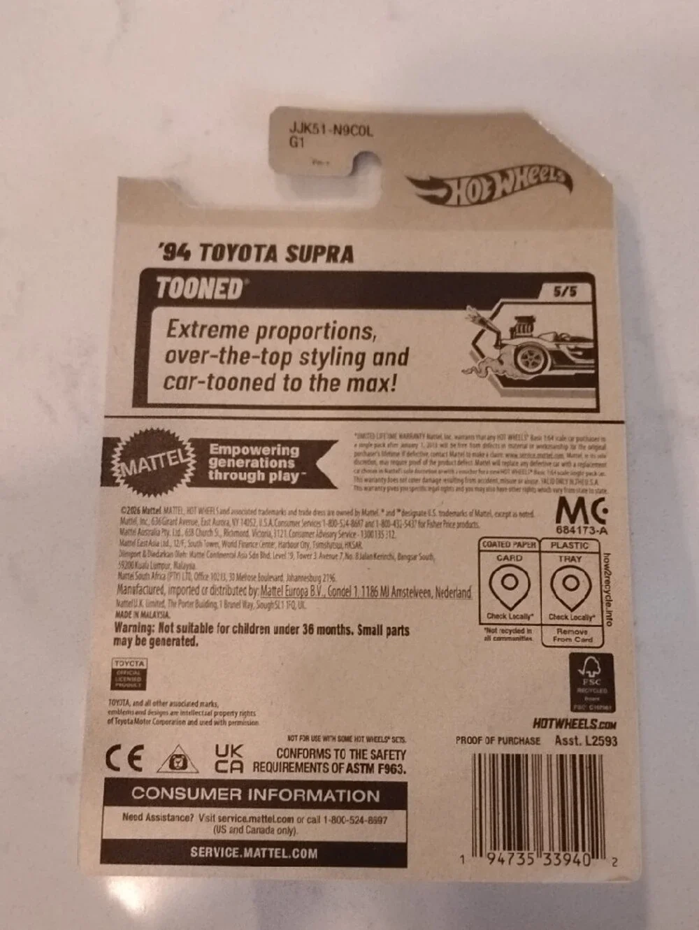 Mattel Hot Wheels '94 Toyota Supra Black with Orange and White Racing Graphics